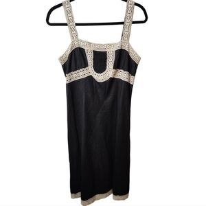 LOFT Black Linen Midi Lined Sun Dress With Crochet Lace Details, Size 8
